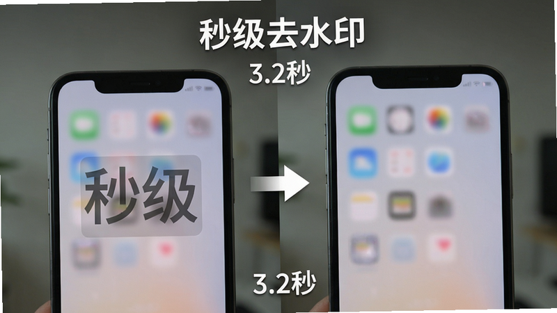 主体:手机屏幕对比图,左侧视频带水印,右侧去除水印后无痕迹。布局:左右分屏,中间有箭头指示。排版:上方文字“秒级去水印”,下方显示处理时间“3.2秒”。风格:写实对比,质感细腻。细节:水印区域被完美填充,背景清晰。画质:超高清,无多余元素。