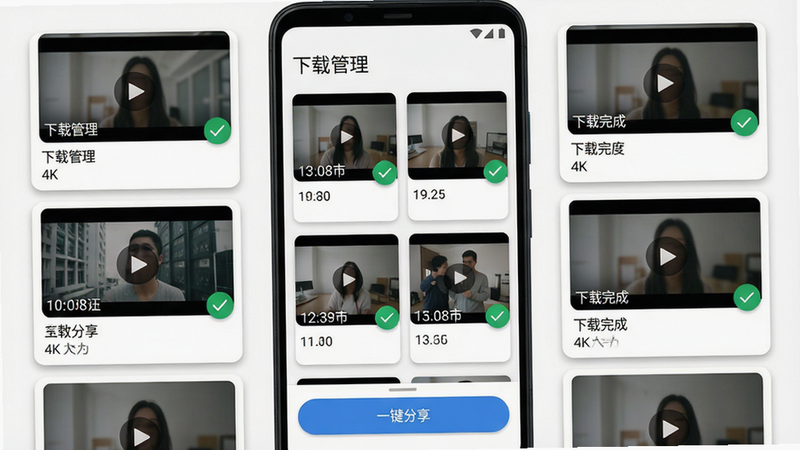 主体:手机屏幕展示“下载完成”界面,多个视频缩略图显示已保存。布局:网格排列,每个缩略图右下角有绿色对勾。排版:顶部有“下载管理”标题,底部有“一键分享”按钮。风格:Material Design风格,卡片阴影。细节:缩略图带时长标签,文件大小显示。画质:4K,干净无多余元素。