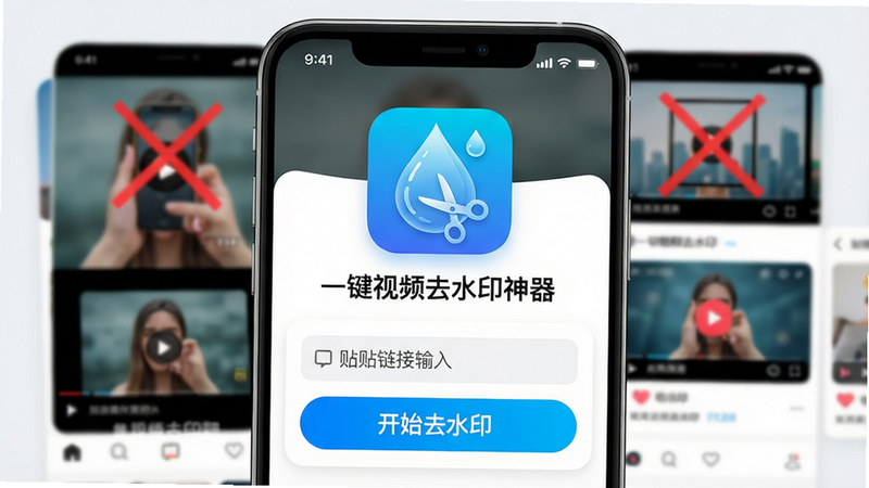 主体:手机屏幕显示“一键视频去水印神器”应用界面,背景为短视频预览画面,水印被划掉。布局:中心突出应用图标和名称,下方有粘贴链接输入框和“开始去水印”按钮。排版:简洁现代,卡片式布局,按钮颜色醒目。风格:扁平化设计,色彩明亮,科技感。细节:应用图标为水滴形状带剪刀,界面有示例视频缩略图。画质:4K超清,干净无多余元素。