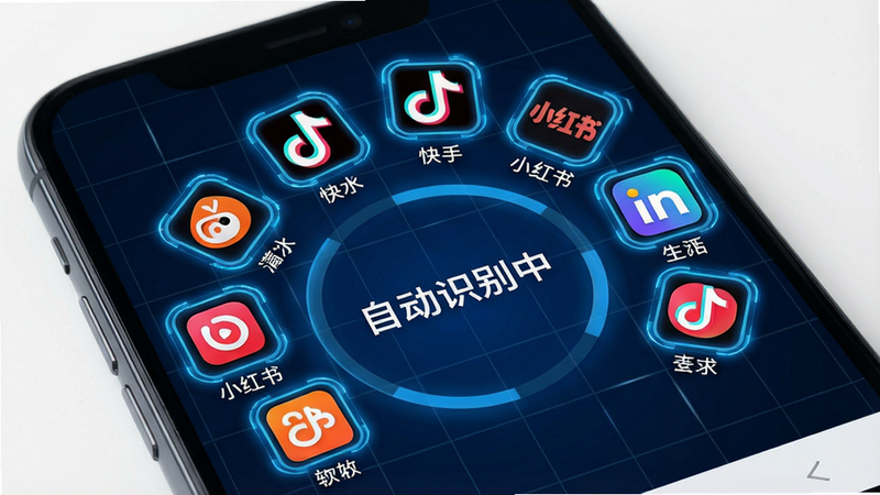 主体:手机屏幕展示软件解析界面,上方有多个短视频平台Logo(抖音、快手、小红书等)环绕。布局:Logo排列成弧形,中心显示“自动识别中”状态。排版:图标下方带平台名称小字。风格:科技感动效,蓝色主调。细节:Logo带有发光边框,背景为网格线。画质:超清,干净无多余元素。