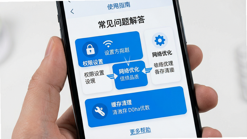 主体:手机屏幕显示“使用指南”界面,分区域标注权限设置、网络优化、缓存清理等要点。布局:卡片式排列,每个卡片有图标和文字说明。排版:顶部标题“常见问题解答”,下方三个卡片。风格:清新简约,蓝白配色。细节:卡片内带小标题如“权限设置”“网络优化”,底部有“更多帮助”链接。画质:超清,干净无多余元素。