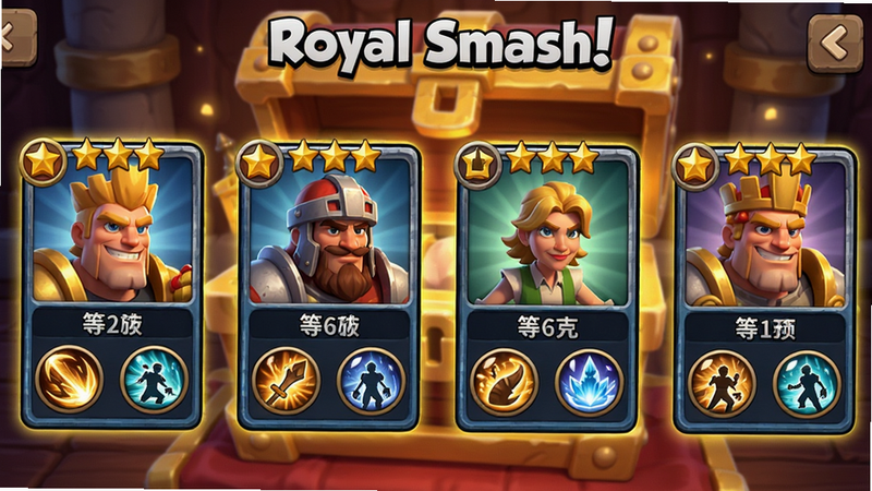 Royal Smash!英雄收集界面,展示多个卡牌面板,每个卡牌显示星级、等级、技能图标,背景为皇家宝箱,卡通渲染,色彩丰富,画质清晰,无多余元素,文字'Royal Smash!'