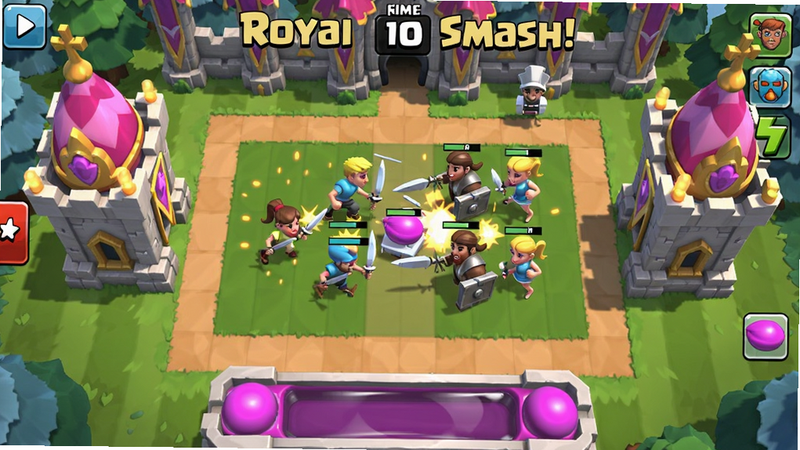 Royal Smash!实时对战场景,左右各有一座公主塔,中间有兵种交战,圣水槽在屏幕底部,顶部有倒计时,卡通风格,动态效果,画质干净,文字'Royal Smash!'