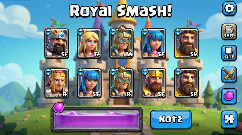 Royal Smash!游戏主界面,展示皇家城堡背景,多个英雄卡牌图标排列,底部有圣水槽和战斗按钮,卡通风格,色彩鲜艳,UI布局清晰,画质细腻,干净无多余元素,文字标注'Royal Smash!'