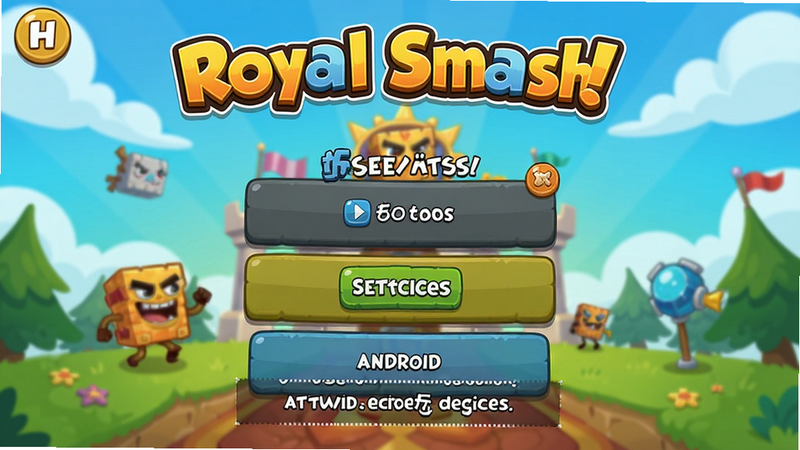 Royal Smash!新手教程界面,展示设置选项,安卓设备优化提示,背景为游戏主菜单,卡通风格,画质清晰,文字'Royal Smash!'