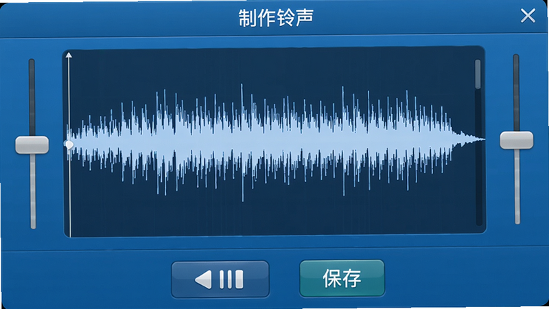 多宝铃声的音频剪辑界面,中央显示波形图,两侧有裁剪手柄,底部有播放/暂停按钮、保存按钮,顶部标题“制作铃声”,界面以蓝色为主色调,简洁清晰,高清画质