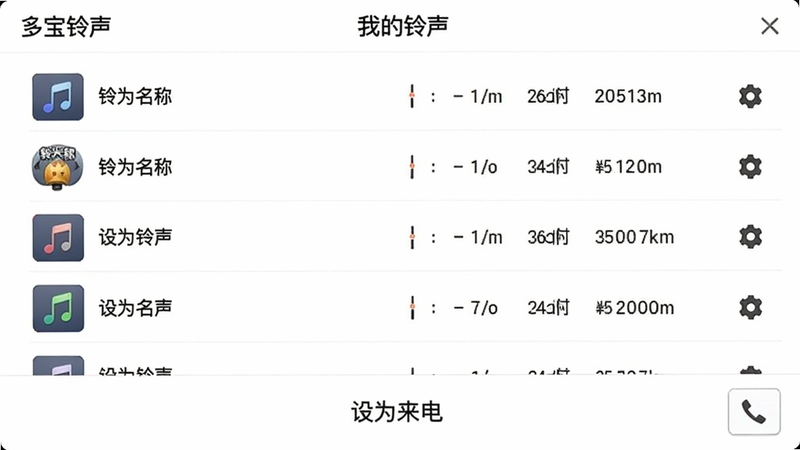 多宝铃声“我的铃声”管理页面,列表显示多个铃声条目,每个条目有铃声名称、时长、大小,右侧有设置图标,底部有“设为来电”按钮,页面背景白色,列表样式清晰,高清画质