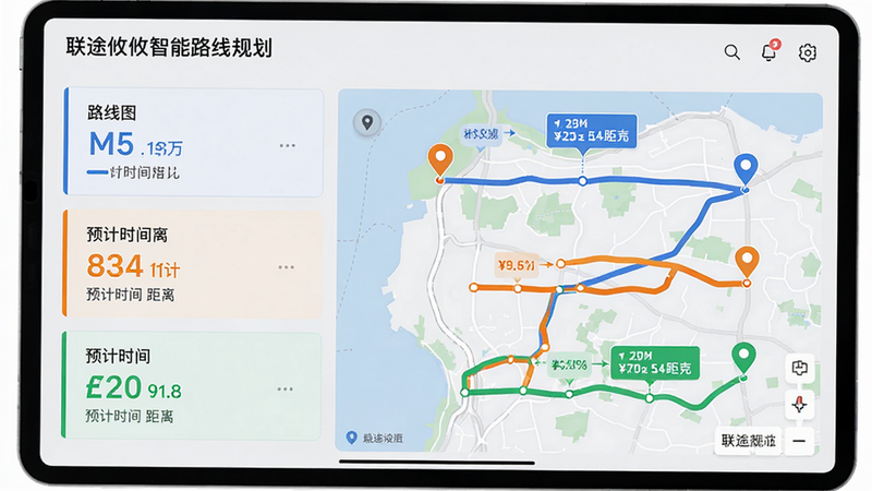 主体:联途攸攸智能路线规划界面,显示三条可选路线对比。布局:左侧为路线列表,右侧为地图预览,每条路线标注预计时间和距离。排版:清晰的分栏结构,数字和文字对齐,背景为浅灰色。风格:干净商务风。细节:路线颜色区分(蓝色、橙色、绿色),起点终点带有图钉图标。画质:细腻,无多余元素。