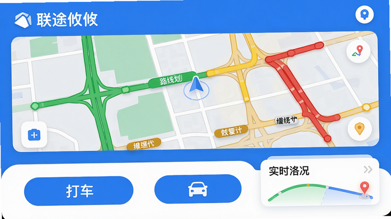 主体:联途攸攸App主界面展示,包含地图导航、路线规划、打车按钮和实时路况卡片。布局:界面采用上下分层,上方地图占据三分之二,底部工具栏清晰排列。排版:图标扁平化,字体圆润,主色调为蓝色与白色。风格:现代简约,带有科技感。细节:地图上显示绿色畅通、黄色缓行、红色拥堵路段。画质:高清渲染,干净明亮,无多余元素。
