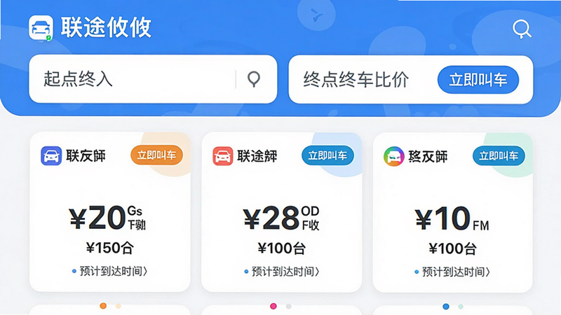主体:联途攸攸打车比价界面,展示三个平台的价格列表。布局:顶部为起点终点输入框,下方为卡片式平台价格对比,每张卡片包含平台名称、价格、预计到达时间。排版:对齐整齐,价格数字放大突出。风格:清新活泼,色彩丰富。细节:每个卡片右上角有“立即叫车”按钮。画质:高清,无多余元素。