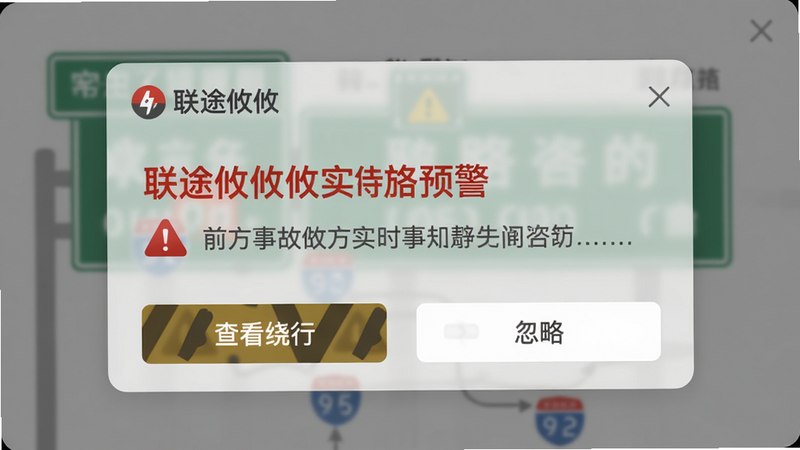 主体:联途攸攸实时路况预警弹窗,显示前方事故信息。布局:弹窗居中,背景半透明遮罩,底部有“查看绕行”和“忽略”两个按钮。排版:标题红色加粗,正文灰色小字。风格:警示风格,带有危险图标。细节:弹窗左上角有“联途攸攸”品牌Logo。画质:清晰,干净。
