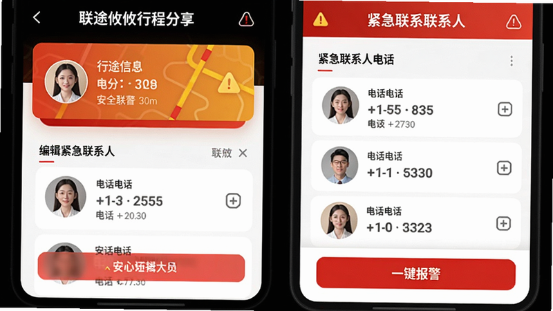 主体:联途攸攸行程分享与紧急联系人设置页面。布局:顶部为行程信息卡片,中部为可编辑的紧急联系人列表,底部有“一键报警”红色按钮。排版:层级分明,按钮突出。风格:安全警示风格,使用红色和黄色点缀。细节:联系人头像圆形,电话号码隐藏中间四位。画质:细腻,干净。