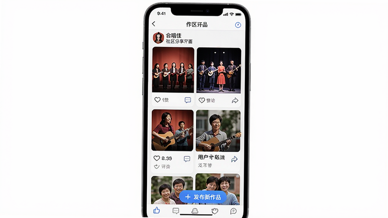 主体是“合唱佳”社区分享界面,手机屏幕展示用户作品列表,布局瀑布流排列,排版饱满,风格社交类App常见设计,细节包括封面缩略图、点赞评论按钮、“发布新作品”浮动按钮,画质清晰,背景纯净
