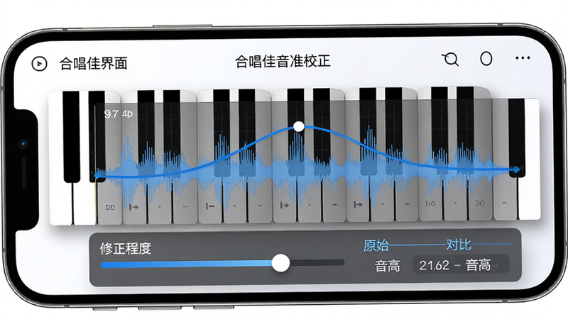 主体是“合唱佳”音准校正界面,手机屏幕显示钢琴卷帘与波形重叠,布局中波形上叠加蓝色修正曲线,排版干净,风格科技感,细节包括“修正程度”滑块、原始音高对比线,画质高清,无多余元素