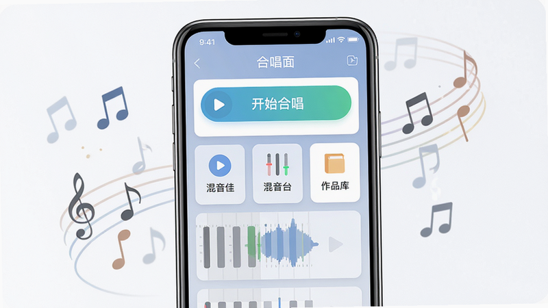 主体是“合唱佳”App主界面,手机屏幕居中展示多轨录音界面,布局采用卡片式分区,排版清晰简洁,风格为轻量扁平化,细节包括“开始合唱”、“混音台”、“作品库”等按钮,画面中音符符号环绕,画质高清,干净无多余元素
