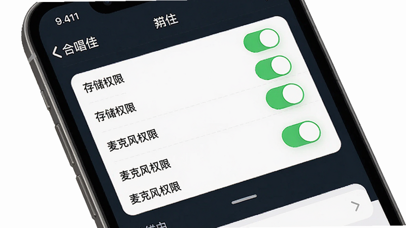 主体是“合唱佳”使用指南示意图,手机屏幕展示设置页面,布局顶部为权限开关列表,排版清晰,风格系统设置界面,细节包括“存储权限”、“麦克风权限”开关为打开状态,画质干净无多余元素