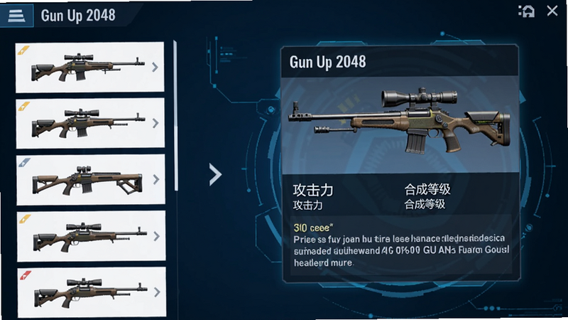 һ��Gun Up 2048��Ϸ��ͼ�������ͼ�����Ϊǹе����б����Ҳ�չʾ��ǰѡ�еľѻ�ǹ��Ƭ����Ƭ����ǹе���ơ����������ϳɵȼ��Լ�һ��Ȥζ�����������������ɫ�Ƽ���񣬲�������������ϸ�壬�޶���Ԫ��