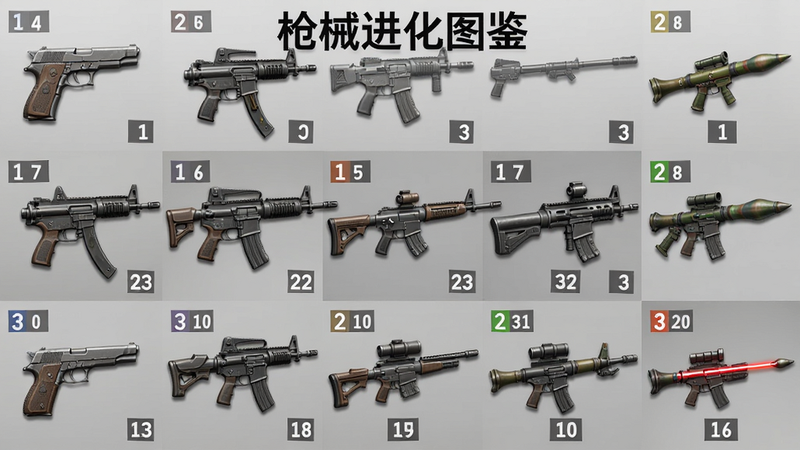 һ��չʾGun Up 2048�в�ͬ�ȼ�ǹеͼ���ƴ��ͼ������������Ϊ��ǹ�����ǹ����ǹ���ѻ�ǹ����ǹ������ڡ������ڣ�ÿ��ǹе�����ж�Ӧ�����ֵȼ���ע���������룬���дʵ��ϸ��������������ɫ�ɾ������֡�ǹе����ͼ����������ʾ