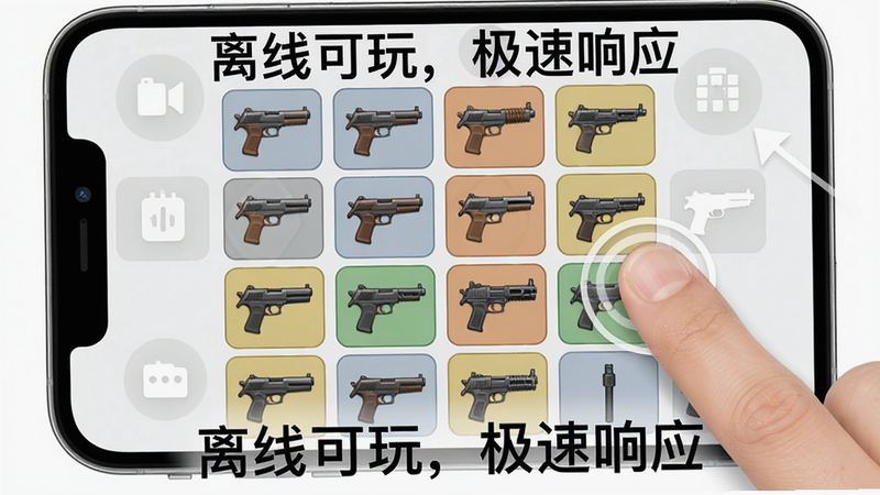 һ��Gun Up 2048��Ϸ������ʾ��ͼ����̬ʾ�⣩��������һ����ָ���ֻ���Ļ�����һ�����4x4�����е�ǹе������֮�ƶ����ϲ����µ�ǹе�������ɾ���UI��࣬ͻ�����������ԣ�ͼƬ�ϱ�ע�����߿��棬������Ӧ��