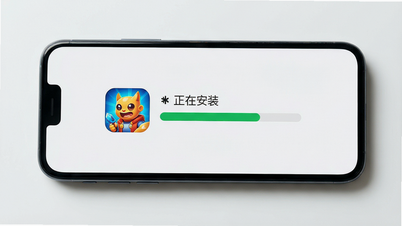 展示手机屏幕上的游戏安装界面,显示“正在安装”进度条,旁边有游戏图标,背景干净简洁,风格写实,布局居中,细节清晰,画质高清。