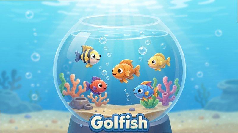 Golfish游戏主界面预览图,主体是一个圆形水族箱,里面游动着几条彩色小鱼,水中有气泡和珊瑚装饰,背景为浅蓝色海洋,阳光从水面射入,整体风格清新卡通,画质细腻干净,布局居中,水族箱上有