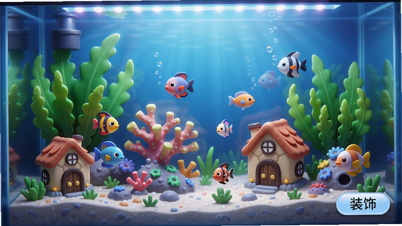 Golfish水族馆装饰场景,展示一个精心装饰的水族箱,里面有绿色水草、彩色珊瑚、小房子模型,几条小鱼游动,背景有渐变蓝色灯光,整体布局和谐,风格可爱卡通,画质细腻,干净明亮,右下角有