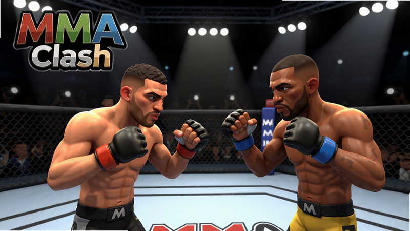 ����Ϊ�ۺϸ���Ϸ��MMA Clash����������Ԥ��ͼ�����ֲ��þ��й�ͼ�����Ͻ���ʾ��Ϸlogo��MMA Clash���������ǰ˽��������۹����ҫ�µ�ǫ̃̄��������ƿ�ͨ��Ⱦ3D��ϸ�ڿɼ���λȭ�����ڶ��ţ����������ɾ����޶���Ԫ�ء�