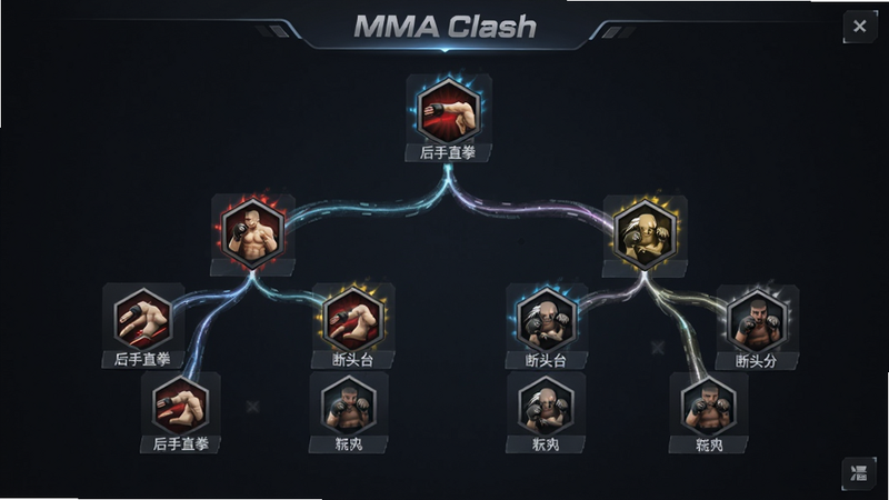 ����Ϊ��MMA Clash���ļ������������棬����Ϊ��״�ṹչ����ÿ���ڵ����һ������ͼ�꣬����͸��UI���䶯̬��Ч��ϸ����ʾ���������硰����ֱȭ������ͷ̨�������ʸɾ����࣬�޶���Ԫ�ء�