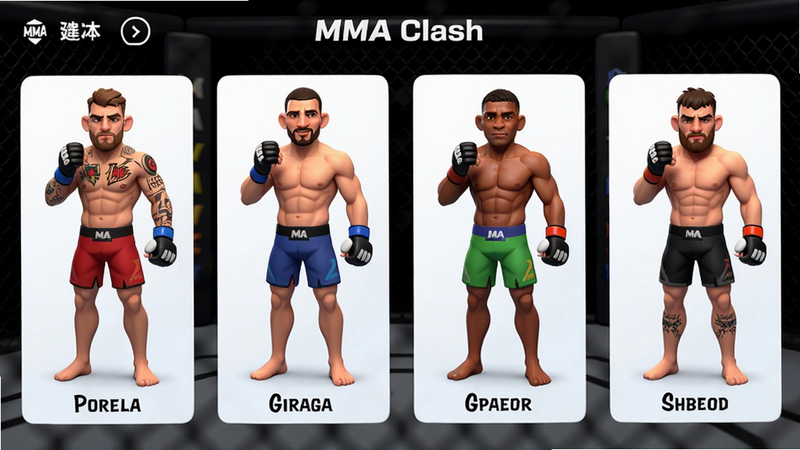����Ϊ��MMA Clash����ȭ��ѡ����棬����Ϊ���򻬶���Ƭ���ȣ�ÿ�ſ�Ƭչʾһλȭ�ֵ�ȫ����������֣����ͨ��Ⱦ��ϸ�ڰ���ȭ�ֵ��������̿���ɫ����ʵ�沿���������ʸ���ɾ�������Ϊ��ɫ�˽�������
