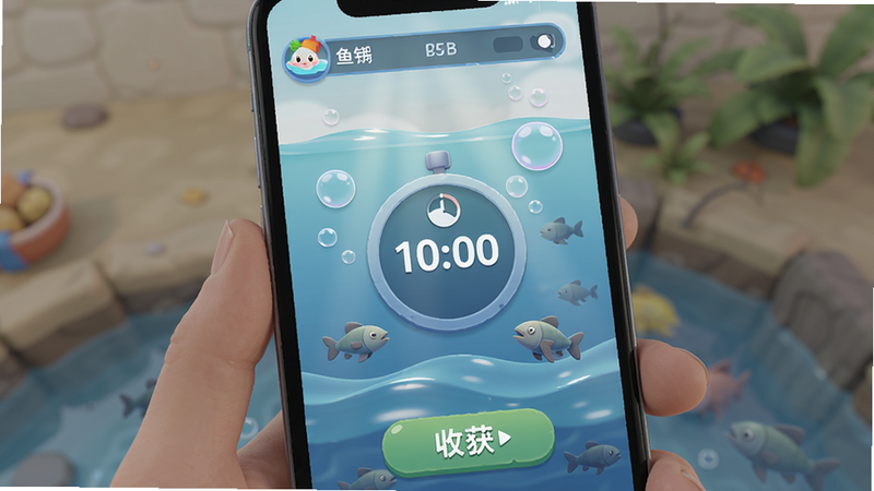 主体为手机竖屏界面,显示游戏后台钓鱼的等待界面,画面中央有一个计时器,周围有漂浮的泡泡和鱼影动画。布局上方有状态栏显示鱼饵数量,下方有收获按钮。排版清晰,风格清新简约,画质柔和,细节包括波浪动态、光影反射,无多余元素。
