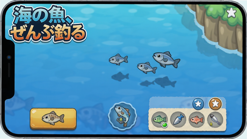 主体为手机游戏运行时的截图,画面中显示游戏主界面,左上角有「海の、ぜんぶる」标题,界面下方有钓鱼按钮和鱼饵选择菜单。布局为竖屏全屏,风格清新卡通,画质清晰,细节包括按钮阴影、鱼影动画,干净无多余元素。