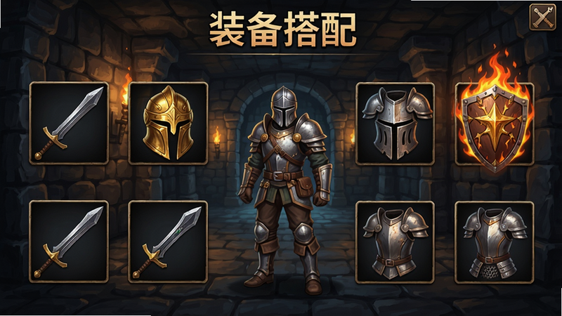 游戏装备界面展示,多件武器和防具排列,有铁剑、黄金盔甲、火焰盾牌等,角色站立在中间,背景是地牢,画质高清,色彩丰富,文字显示