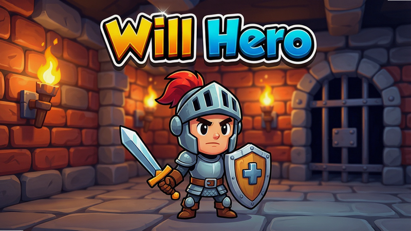 一个卡通风格的游戏场景,主角Will Hero骑士手持剑盾站在石质地牢中,背景有砖墙、火把和铁门,画面明亮色彩鲜艳,画质高清干净,无多余元素,中间上方有艺术字体标题