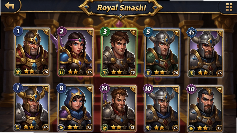 主体为《Royal Smash!》英雄收集界面,画面中央展示一排不同职业的英雄卡牌,每张卡片设计精美,带有稀有度边框和星级标识,卡片按稀有度排列,背景为皇家宝库风格,金色装饰,布局网格整齐,精细的卡牌插画细节丰富,高画质,干净无多余元素