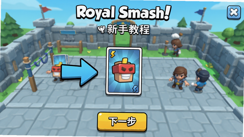 主体为《Royal Smash!》新手教程界面,画面中显示一个箭头指引玩家拖拽卡牌,背景为训练场,UI布局简洁,下方有“下一步”按钮,风格卡通,画质清晰,干净无多余元素