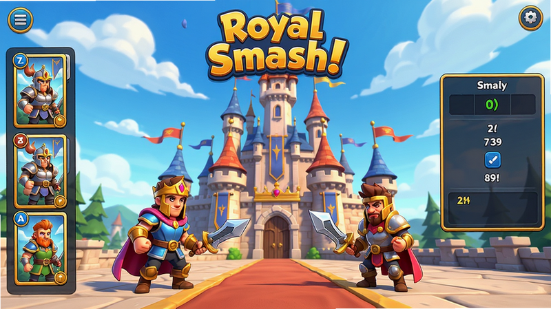 主体为《Royal Smash!》游戏主界面,中央是宏伟的皇室城堡,两位英雄角色分别站立两侧,背景有蓝天白云和飘扬的旗帜,界面布局清晰,左侧卡牌栏显示手牌,右侧为对战信息面板,整体采用卡通渲染风格,色彩鲜艳,细节丰富,画质高清,干净无多余元素