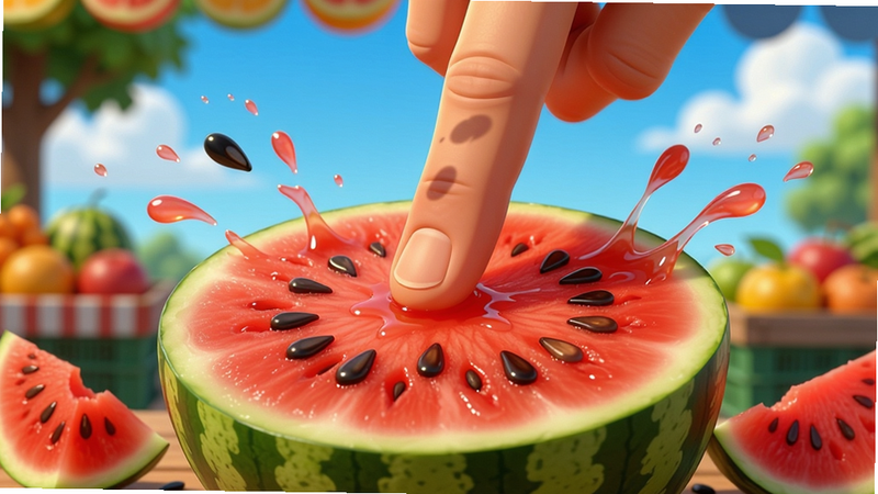 主体: 一只手指正在划过一个大西瓜,西瓜被切成两半,汁水飞溅,背景是蓝天白云和水果摊。布局: 手指位于画面中央偏上,西瓜在手指下方被切开,周围有散落的西瓜籽和水果块。排版: 居中构图,手指与西瓜形成对角线。风格: 卡通写实,色彩鲜艳明亮,光影柔和。细节: 西瓜瓤鲜红多汁,手指有阴影,背景有模糊的树木。画质: 高清细腻,干净无多余元素