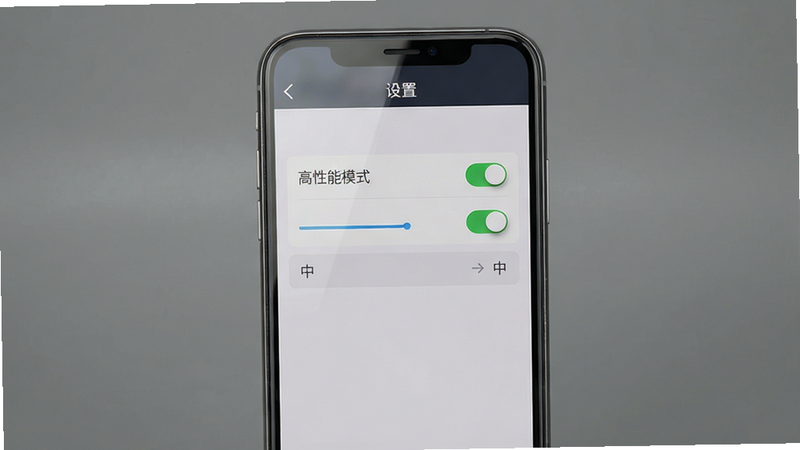 主体: 一张手机竖屏游戏画面,显示“设置”界面,其中“高性能模式”开关已打开,画质选项设置为“中”。布局: 手机居中,屏幕内容清晰可见,背景为纯色。排版: 手机与背景形成对比,突出设置选项。风格: 写实产品截图风格,清晰真实。细节: 屏幕有轻微反光,手机边缘有圆角。画质: 高清细腻,无多余元素