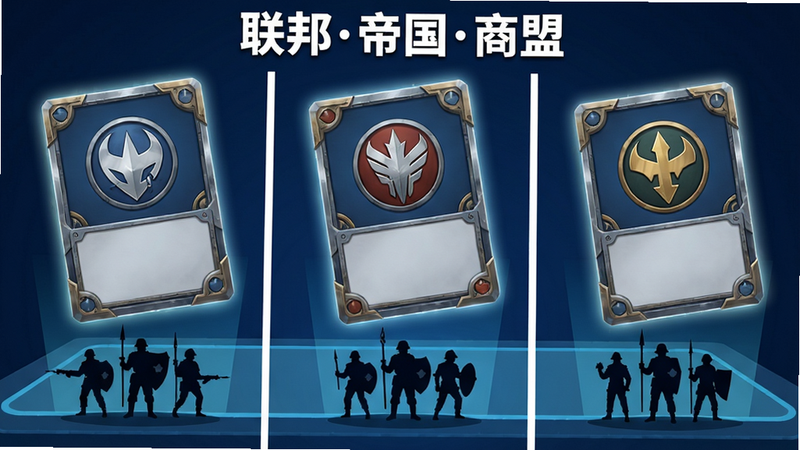 主体:三张阵营标志卡牌并排悬浮在虚拟桌面上,每张卡牌下方对应不同风格的士兵剪影。布局:卡牌横向排列,中间留出白色描边分隔。排版:卡牌倾斜摆放,上方有“联邦帝国商盟”文字标题。风格:扁平化UI与2D插画结合,底色深蓝,文字白色加粗。细节:卡牌边框有金属质感,内嵌阵营徽章,边缘有光晕。画质:高清,无多余元素。