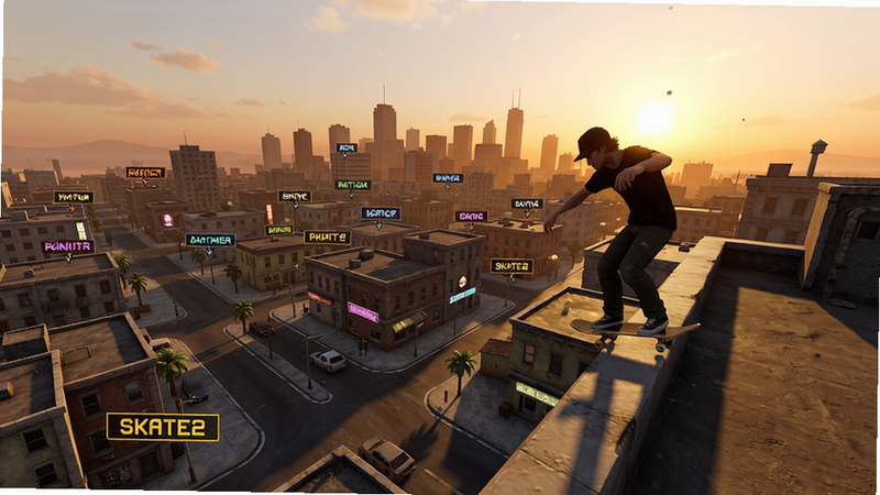 Skate2开放世界,俯视城市全景,多个街区标注,滑板手在屋顶边缘滑行,夕阳余晖,色彩温暖,写实风格,细节丰富,画质高清,干净无多余元素,布局开阔