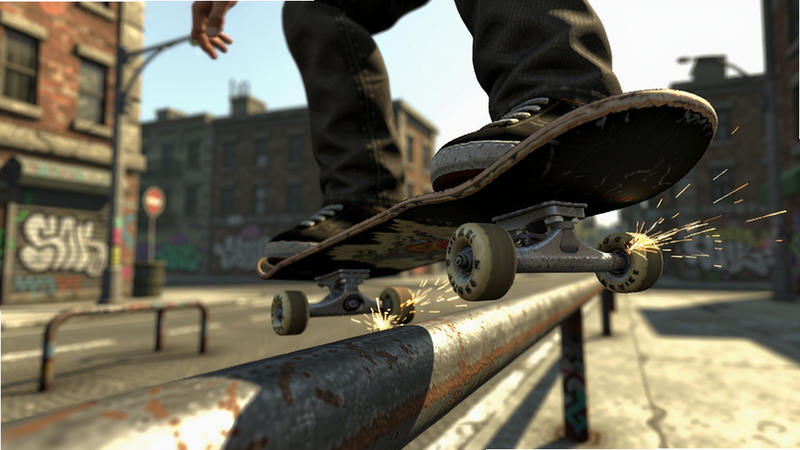Skate2游戏画面,滑板手在铁轨上做grind动作,近景特写,轮子与金属摩擦的火花,周围城市街景虚化,写实风格,光影逼真,画质高清,干净无多余元素,主体突出,动作瞬间捕捉