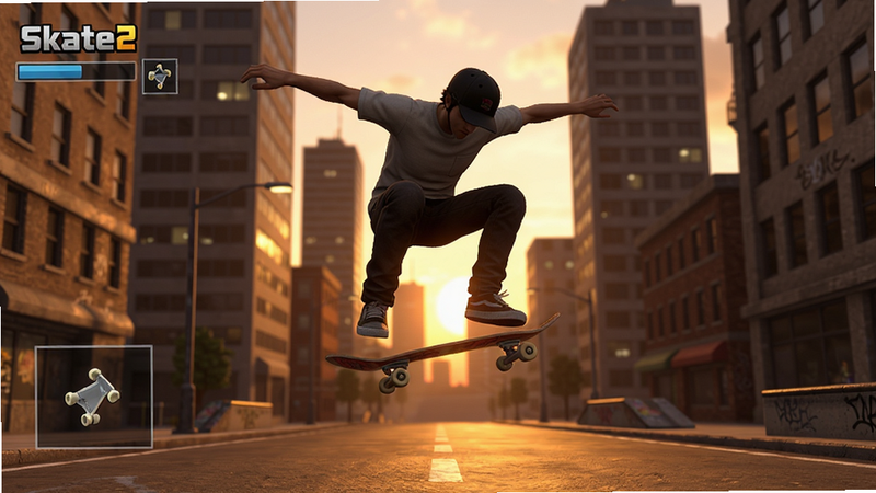 Skate2滑板游戏,一位滑板手在都市街道上做出腾空动作,背景是高楼大厦和夕阳,游戏界面简洁,整体风格写实,光影效果出色,画质高清,干净无多余元素,主体居中,布局饱满,细节清晰