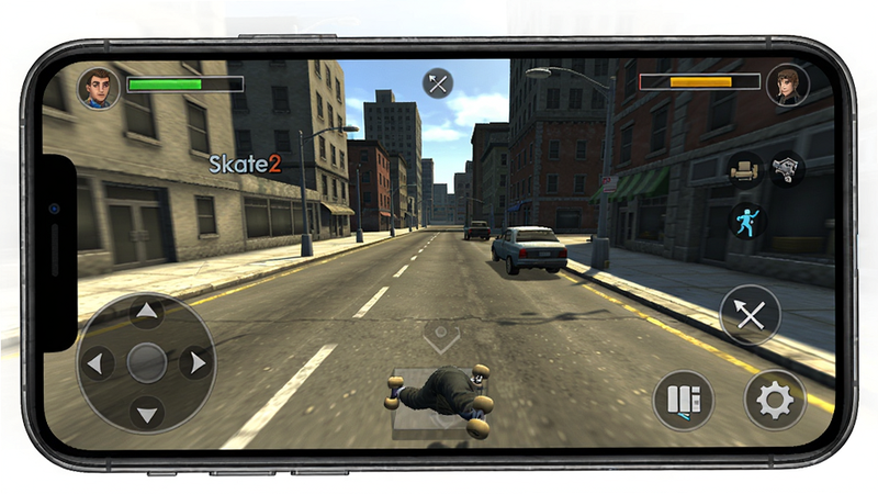 Skate2游玩过程截图,手机横屏显示游戏,虚拟按键布局,画面流畅,背景城市街道,写实风格,画质高清,干净无多余元素