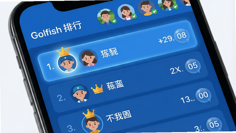 主体:手机屏幕显示排行榜界面,顶部有好友在线列表。布局:列表布局,排名靠前的玩家头像加亮。排版:每个条目包含名次、头像、昵称、分数。风格:现代化扁平UI,蓝色主调。细节:头像有皇冠标识,分数用数字气泡显示。画质:清晰,无多余元素。文字:界面左上角有“Golfish 排行”标题。
