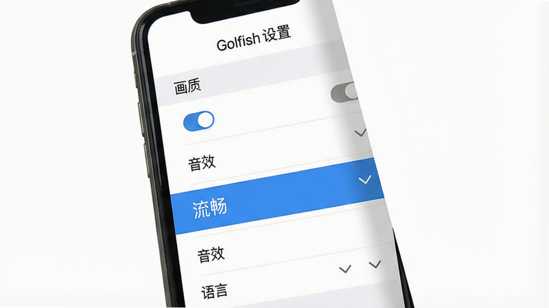 主体:手机屏幕显示游戏设置界面,画质选项被选中“流畅”模式。布局:竖屏,设置菜单从右向左滑入。排版:选项列表,每个选项带开关或下拉菜单。风格:UI简洁,白色背景。细节:有“画质”、“音效”、“语言”等条目,“流畅”选项高亮。画质:干净无多余元素。文字:顶部标题“Golfish 设置”。
