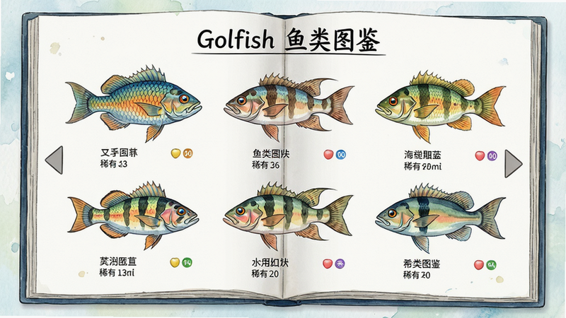 主体:一本展开的图鉴页面,上面排列着多种彩色鱼类的插画。布局:图鉴居中,页面两侧有翻页箭头。排版:每行三列,鱼种下方标注名称与稀有度。风格:手绘水彩风格,淡雅背景。细节:鱼鳞纹理、鱼鳍形状、眼睛高光。画质:高清,干净。文字:图鉴顶部标题“Golfish 鱼类图鉴”。
