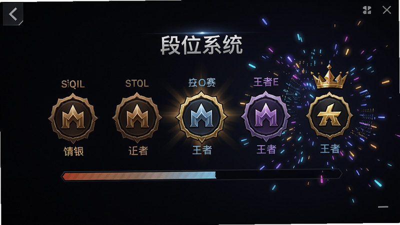 Block Strike排位赛界面,显示段位图标(青铜至王者),背景有动态粒子特效,文字标注