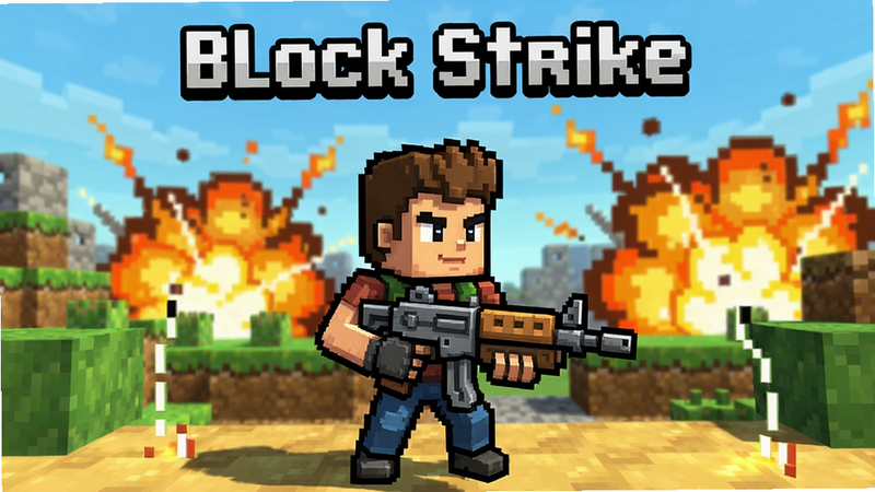 Block Strike游戏主界面,像素风格战场,一名持枪角色站在方块地形中,背景有爆炸特效,画质清晰干净,无多余元素,文字标注