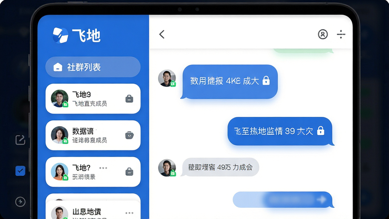 主体:飞地App界面截图,展示社群列表与聊天窗口;布局:左侧为社群导航栏,右侧为聊天详情,顶部显示“飞地”Logo;排版:卡片式布局,圆角设计,信息层级清晰;风格:现代简洁,蓝白主色调,搭配柔和光影;细节:聊天气泡带加密锁图标,社群名称旁显示成员数;画质:4K高清,干净无多余元素