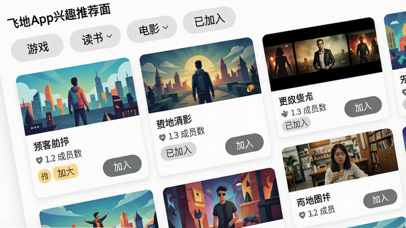 主体:飞地App兴趣推荐页面,展示多个社群卡片;布局:上部分类导航栏(如游戏、读书、电影),下部分卡片列表;排版:卡片包含社群封面图、名称、成员数、标签;风格:明亮扁平化,色彩丰富;细节:卡片右下角有“加入”按钮,已加入的显示“已加入”;画质:高清,无多余元素